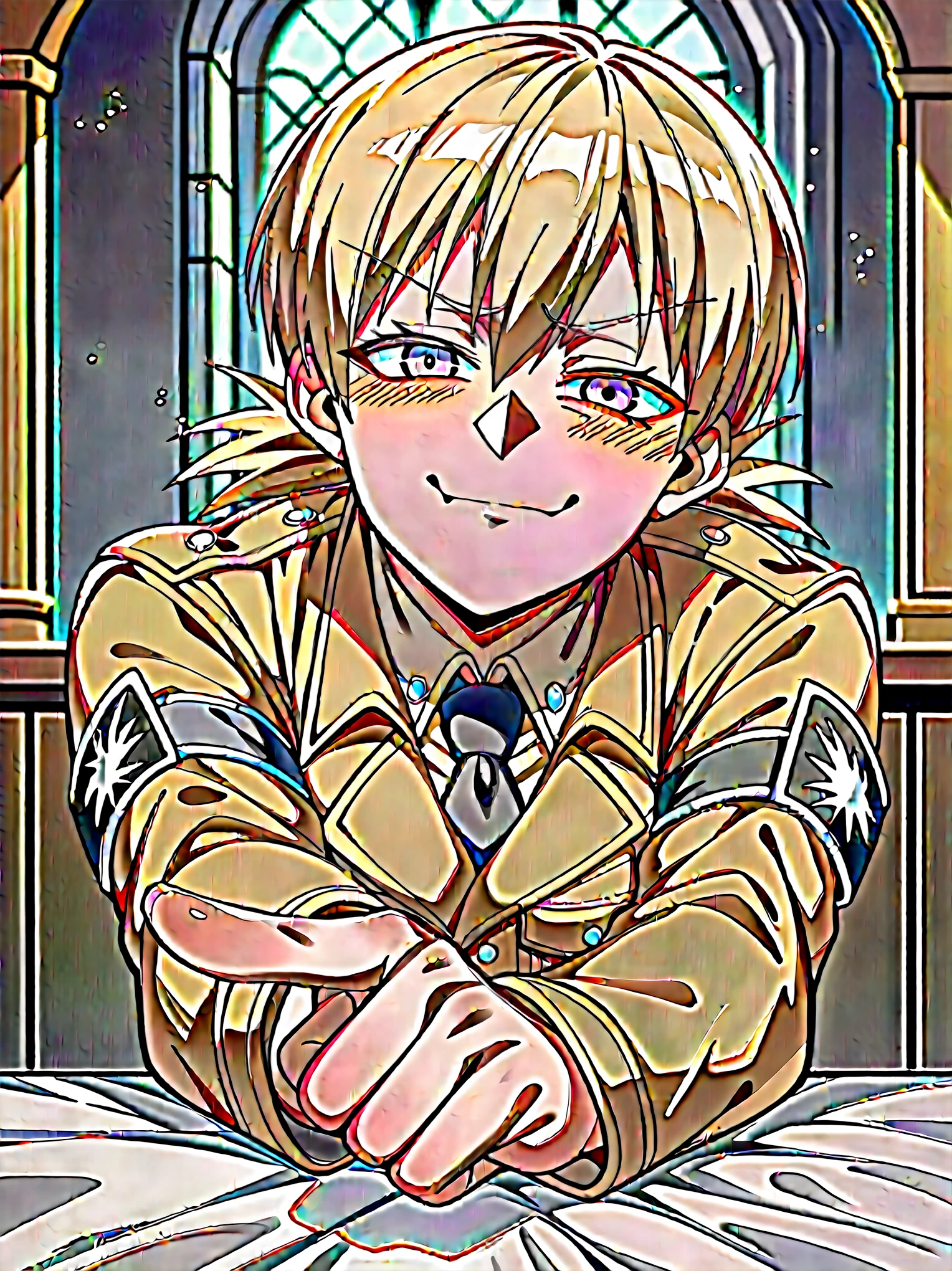 score_9, score_8_up, score_7_up, score_6_up, score_5_up, score_4_up, source_anime, BREAK, seras victoria, hellsing, looking at viewer, pointing at viewer, pointing, holding laugh, giggle,, face closeup, closeup, pointing at viewer, humiliation, blonde hair, dark blonde hair, indoors, castle, purple eyes, shy, smug, closed mouth