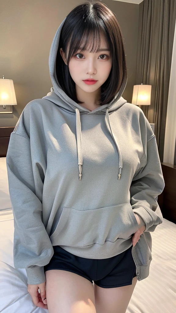 muste piece, best quality, illustration, Super detailed, fine details, High resolution, 8K,wall paper, perfect dynamic composition,(Details High quality, realistic depiction of eyes:1.3), (Oversized Light Gray Hoodie:1.2), Erotic Shorts, big breasts, short bob hair、black hair color, Big Natural Color Lip, bold sexy pose, (perfect body shape), crying a little、cold gaze, Harajuku style、20 year old girl、cute type、lolita、beautiful legs, hotel room, gravure idol