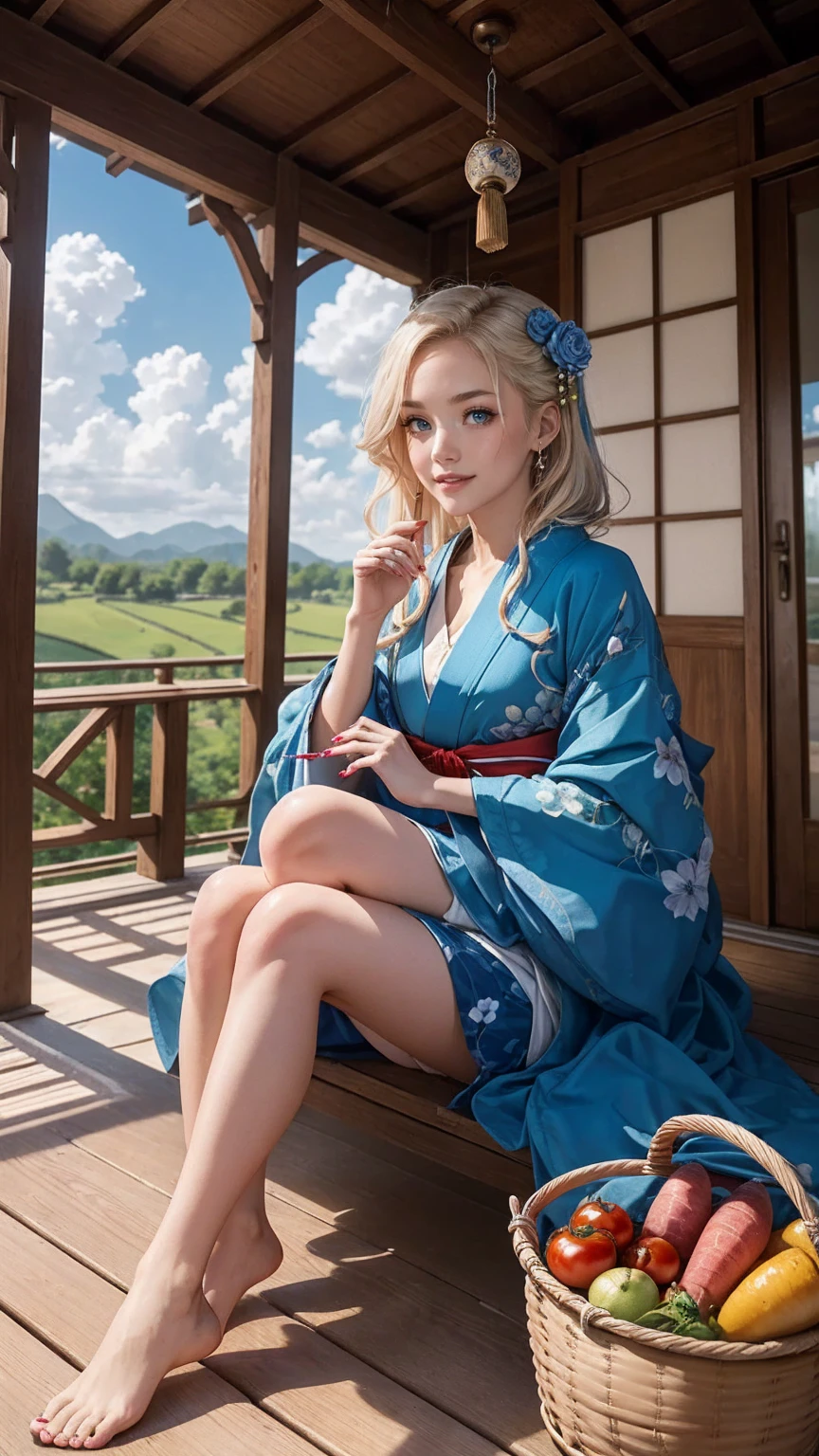 ((最high quality, 8K, masterpiece: 1.3, Ultra HD, high quality, 最high quality, High resolution, realism)) 、A 22-year-old extremely beautiful white woman、Her hair color is platinum blonde、blue eyeedium hair、straight hair、The hair is shiny、The skin is lustrous、smile、Slender but well-proportioned muscular body、Athlete-like body type、I don't want my head to disappear from the screen.、Wearing accessories on your wrist、Wearing red nail polish、I have a peticure、Sitting on the veranda of a Japanese house in the Japanese countryside、It's summer、A wind chime is hung in front of the eaves.、barefoot、There is a basket full of tomatoes and carrots on the veranda.、The basket is made of woven bamboo strips、A courtyard spreads out in front of the verandah.、There is a well with a hand pump in the courtyard.、wear a yukata、The blue sky is beautiful、Cumulus clouds appear、summer sunshine、anatomically correct((anatomically correct))、Ultra high definition((UHD))、textured skin((textured skin))、very detailed((super detail))、high detail((high details))、smile showing teeth((grin))