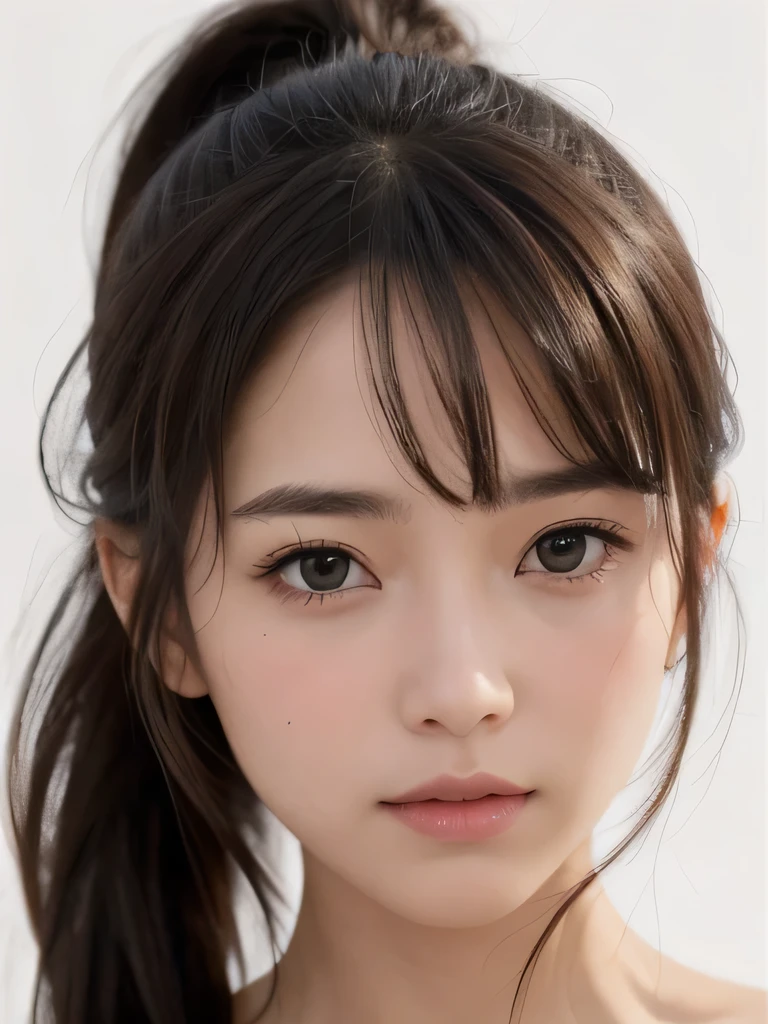 highest quality, realistic, 8K, High resolution, 1 girl, woman, (skin dents), (portrait:0.6), nice, ((white background, naked, small breasts:1.65)), (brown hair, ponytail:1.4), looking at the viewer, (1 girl eyes looking at the viewer:1.6), realistic, (Bokeh), (closed mouth, smile:1.3), nice, face to face with the children_V1:1,
