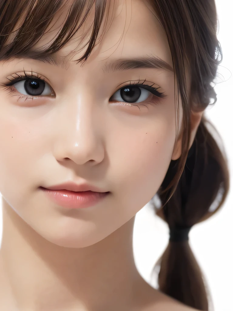 highest quality, realistic, 8K, High resolution, 1 girl, woman, (skin dents), (portrait:0.6), nice, ((white background, naked, small breasts:1.65)), (brown hair, ponytail:1.4), looking at the viewer, (1 girl eyes looking at the viewer:1.6), realistic, (Bokeh), (closed mouth, smile:1.3), nice, face to face with the children_V1:1,