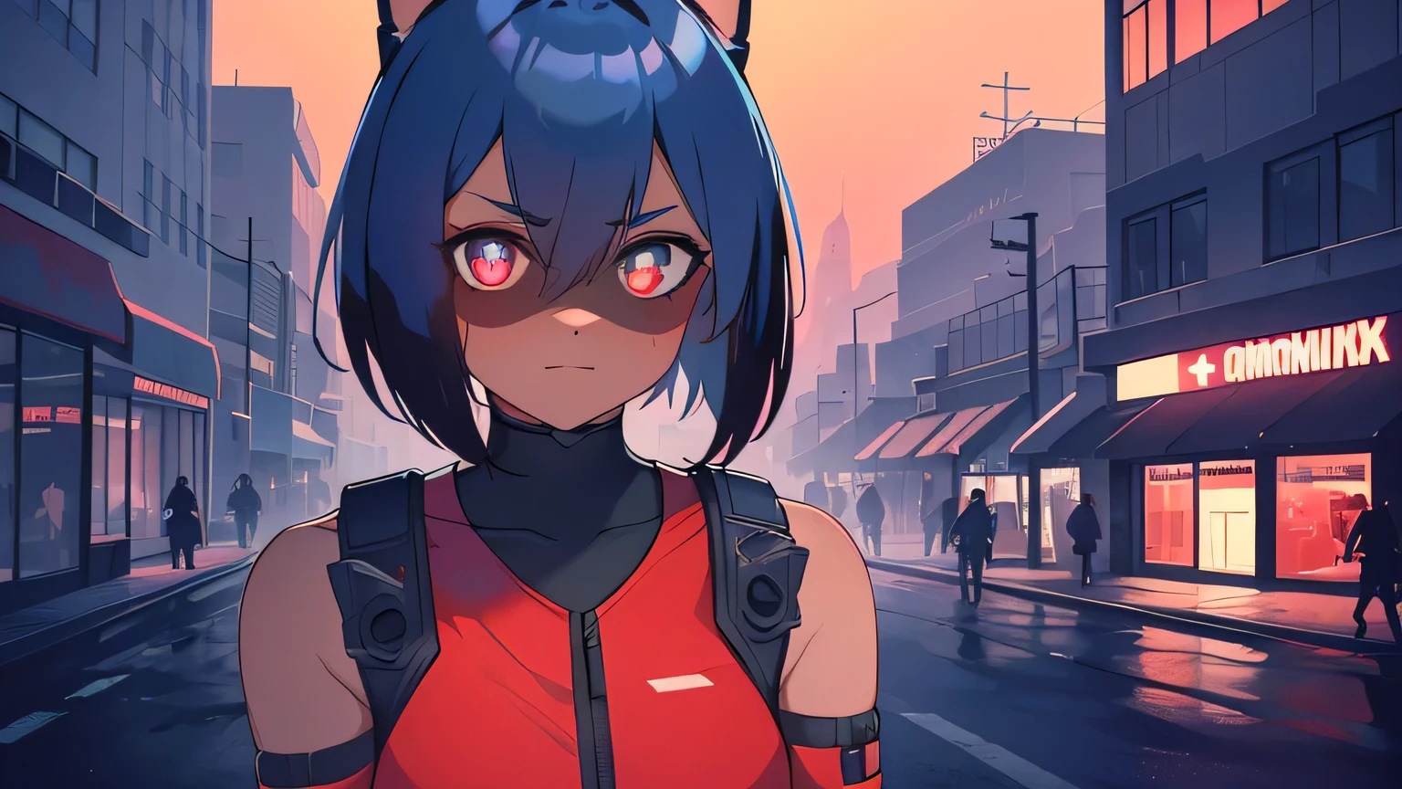 cyberpunk, portrait, Schwarz , Rot neon eyes, stilvoll tragen [Schwarz|Rot] Kleidung steht in einer Stadt, (sonnenaufgang:1.4), Street, kompliziert, fototealistisch
