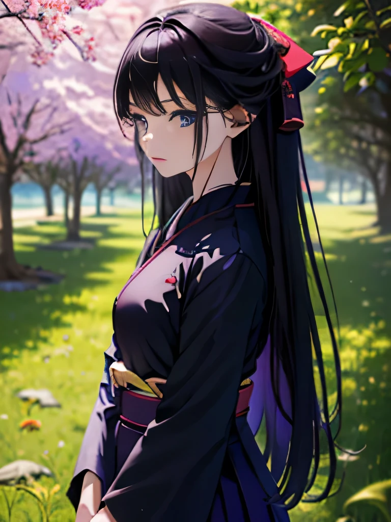 Anime girl ((high quality)), black hair ((high quality)), long hair ((high quality)), blue eyes ((high quality)), background with a purple cherry tree ((high quality)), green grasses with purple flowers ((high quality)), neutral expression ((high quality)), Japanese skirt ((high quality)), samurai clothing ((high quality)), black clothes ((high quality)), bow in hair ((high quality)).