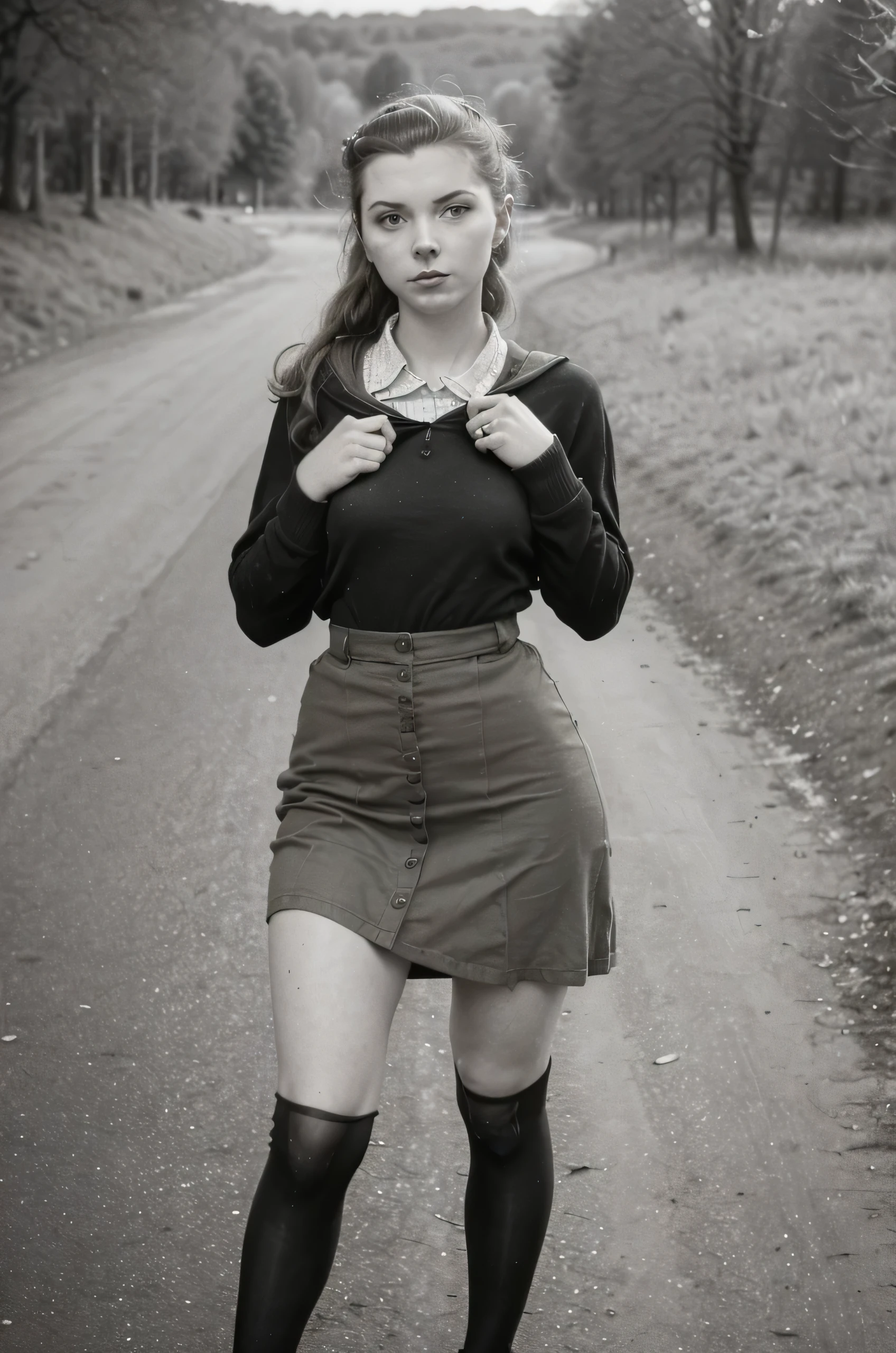 skinny Countryside Egerman, 1940. war clothes, poor, street, ((((18-year-old)) nell hudson)). ((((casual girl clothings from the 1940s)))), ((dark hairstyle of the 1940s)), titts, longerie, naked, war girl, skirt, stockings, lifting up skirt
