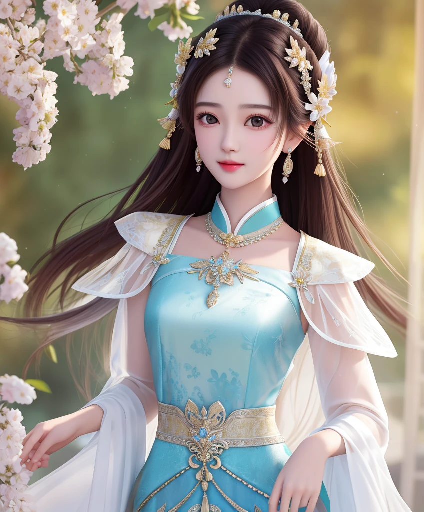 a close up of a woman wearing a beautiful dress, gorgeous young girl, gorgeous thai model, 20-year-old girl, young and cute girl, lovely delicate face, cute young woman, dilraba dilmurat, beautiful asian girl, jewelry, ethereal beauty, silver long hair, smile, happiness, windy, intricate details, detailed texture, finely detailed, high quality, best quality, photo-realistic,