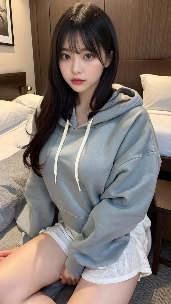 muste piece, best quality, illustration, Super detailed, fine details, High resolution, 8K,wall paper, perfect dynamic composition,(Details High quality, realistic depiction of eyes:1.3), (Oversized Light Gray Hoodie:1.2), Erotic Shorts, big breasts, short bob hair、black hair color, Big Natural Color Lip, bold sexy pose, (perfect body shape), crying a little、cold gaze, Harajuku style、20 year old girl、cute type、lolita、beautiful legs, hotel room, gravure idol