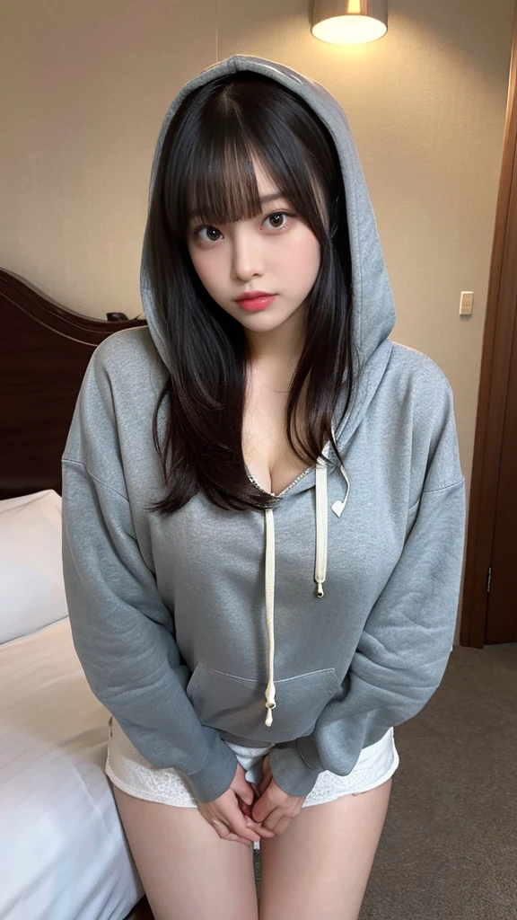 muste piece, best quality, illustration, Super detailed, fine details, High resolution, 8K,wall paper, perfect dynamic composition,(Details High quality, realistic depiction of eyes:1.3), (Oversized Light Gray Hoodie:1.2), Erotic Shorts, big breasts, short bob hair、black hair color, Big Natural Color Lip, bold sexy pose, (perfect body shape), crying a little、cold gaze, Harajuku style、20 year old girl、cute type、lolita、beautiful legs, hotel room, gravure idol