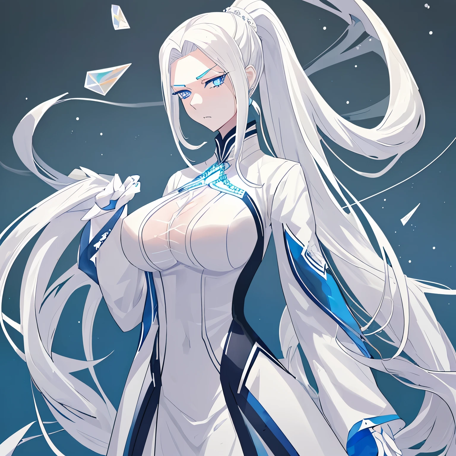 1girl, long white hair, slicked back long ponytail tail, blue eyes, tsurime, white skin, tall, large breasts, white suit, diamond jewellery,