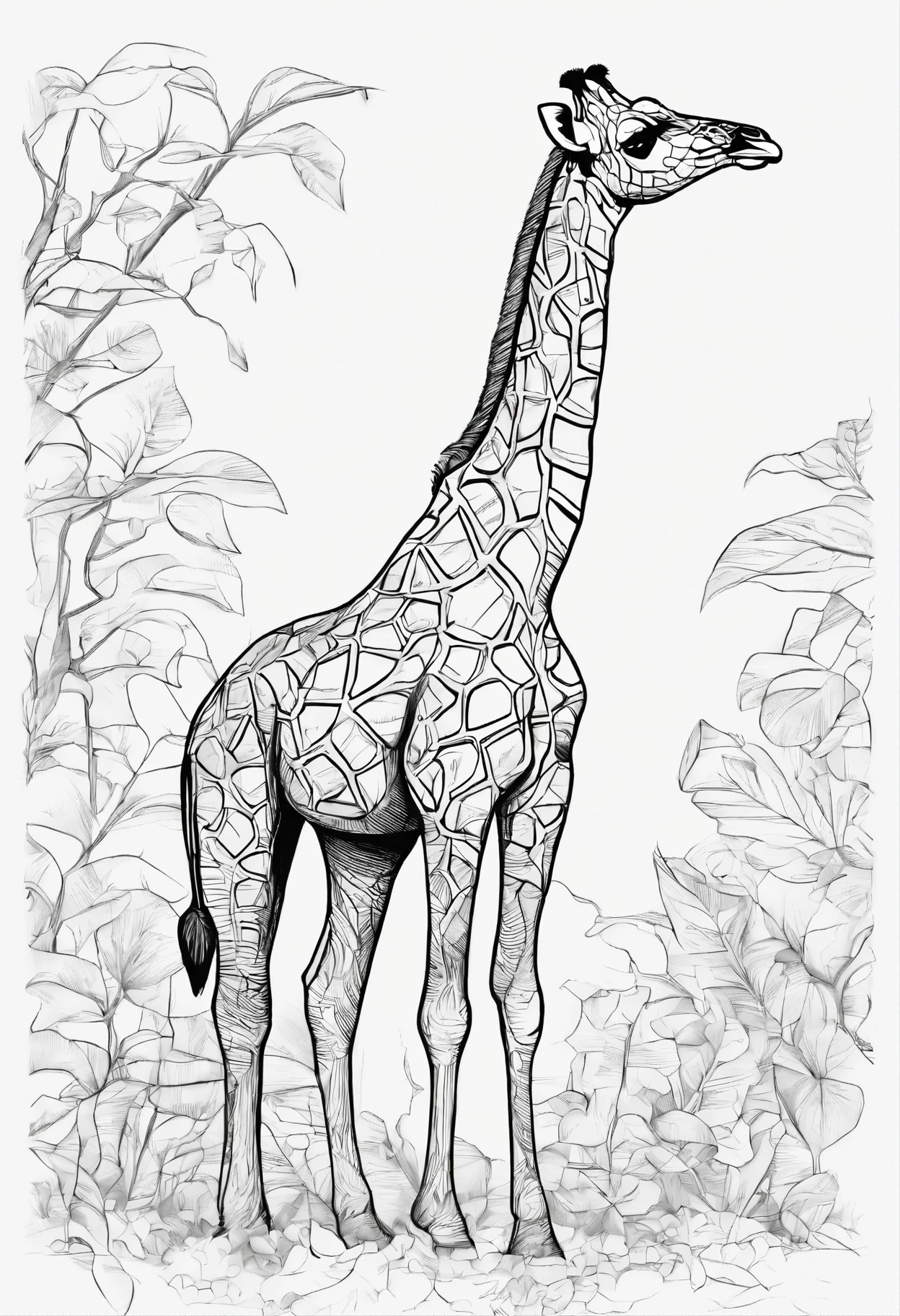 giraffe bending down to reach leaves from a tree line art, cartoon character, 3d style, high quality, coloring book, hand draw line art