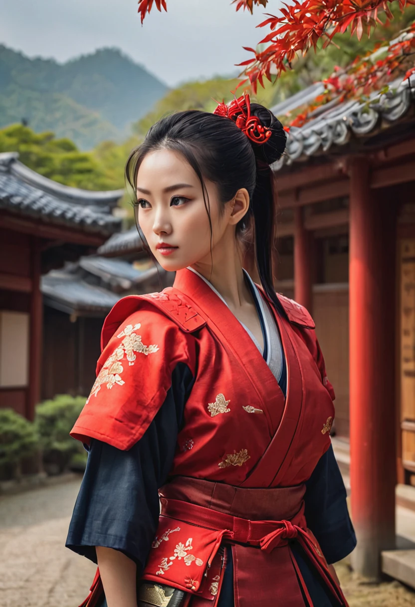realistic photo of Chinese woman dressed neatly, in full view holding a samurai -X background of ancient Japanese house, dry leaf tree (best quality, 4K, 8k, high resolution,masterpiece:1.2) ,(actual, photoactual, photo-actual:1.37). Fresh Japanese Beauty woman, Beautiful Black Hair(long ponytail hairstyle), ((beauty mark)), ((wearing red samurai armor):1.4).((perfect_action standing pose )), ((looking into the distance) ), hyperrealistic ultra HD, cinematic, real photography