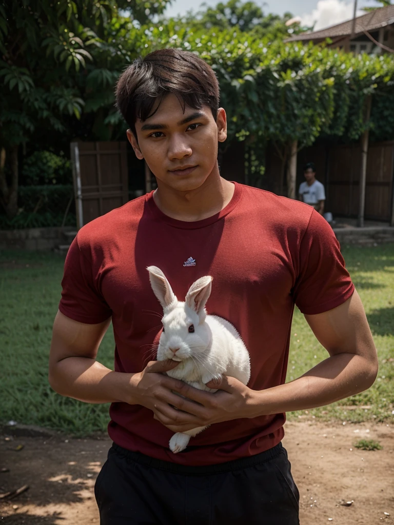 A 20-year-old man with an Indonesian face was carrying a large Angora rabbit in his hand, there was a sign that read 'Andri Ogest' the man was wearing a red T-shirt. black shorts. Ornamental rabbit farm background