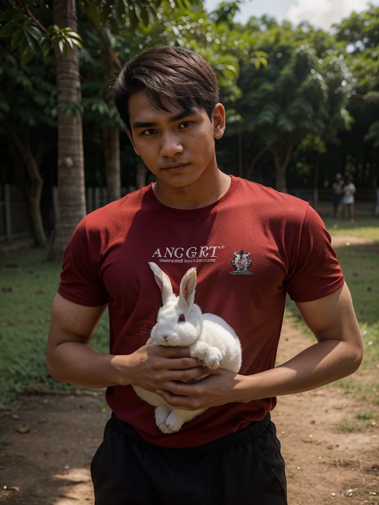 A 20-year-old man with an Indonesian face was carrying a large Angora rabbit in his hand, there was a sign that read 'Andri Ogest' the man was wearing a red T-shirt. black shorts. Ornamental rabbit farm background