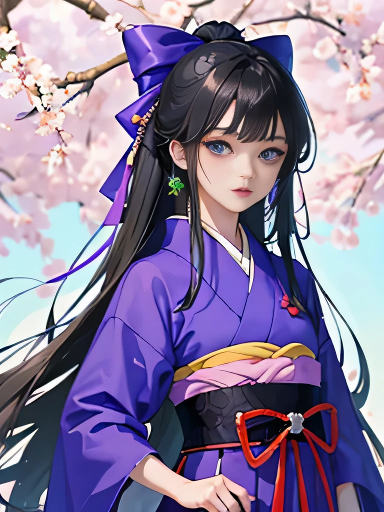 Anime girl ((high quality)), black hair ((high quality)), long hair ((high quality)), blue eyes ((high quality)), background with a purple cherry tree ((high quality)), green grasses with purple flowers ((high quality)), neutral expression ((high quality)), Japanese skirt ((high quality)), samurai clothing ((high quality)), black clothes ((high quality)), bow in hair ((high quality)).