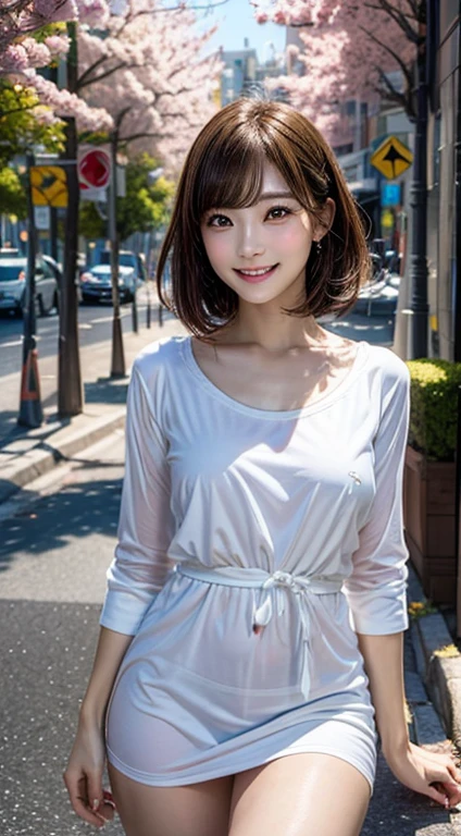(very realistic pictures, High resolution, detailed face, fine eyes) thin japanese woman, 28 years old, 1 girl, (1 Ultimate beauty), highly detailed face, (perfect teeth), detailed eye, double eyelid, eyelash, grin and laugh, lip details, brunette bob, toned body shape, very small breasts, very thin waist, casual clothes, on the road, full body photo,cute freckles