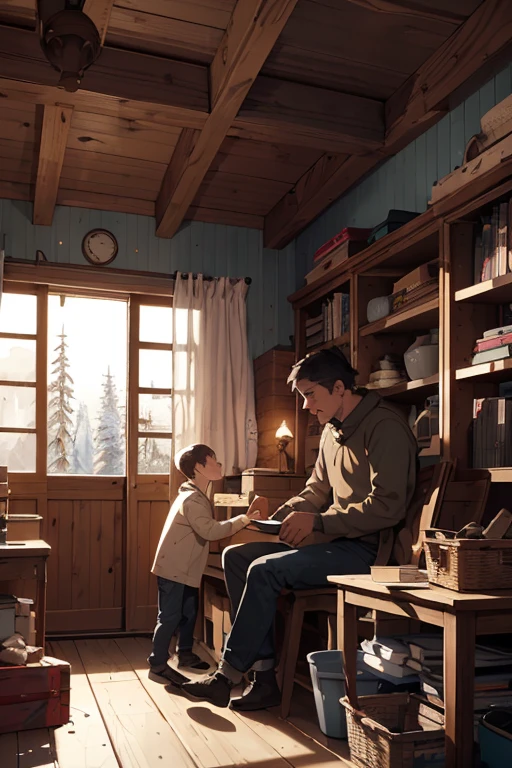 Children and mother sitting in the house, and father comes in, returned from hunting. Hand-drawn illustration for a children&#39;s book about two boys and their mother, who are in the taiga to visit their geologist dad in the winter of the Caucasian race . 