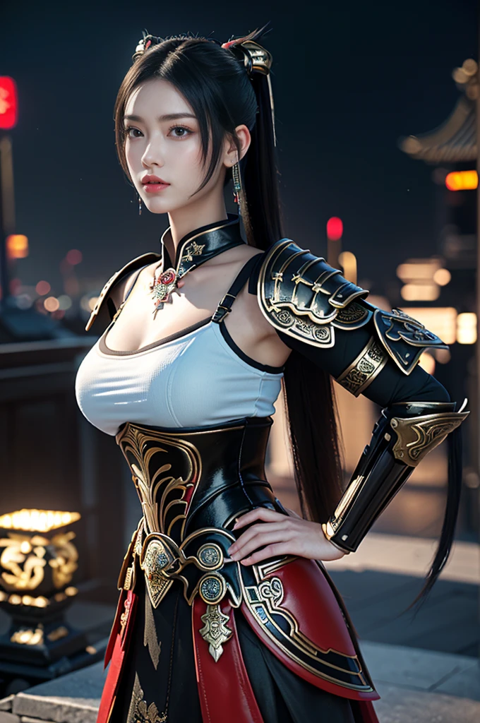 Game art,The best picture quality,Highest resolution,8K,((A bust photograph)),((Portrait)),((Head close-up)),(Rule of thirds),Unreal Engine 5 rendering works, (The Girl of the Future),(Female Warrior), 22 year old girl,(Female hackers),(Rainbow hair,Ancient Oriental hairstyle),((The pupils of the red eyes:1.3)),(A beautiful eye full of detail),(Big breasts),(Eye shadow),Elegant and charming,indifferent,((Anger)),(General armor in ancient Chinese style,Joint Armor,There are exquisite Chinese patterns on the clothes,A flash of jewellery),figure,fantasy style, photo poses,city background,Movie lights,Ray tracing,Game CG,((3D Unreal Engine)),OC rendering reflection pattern
