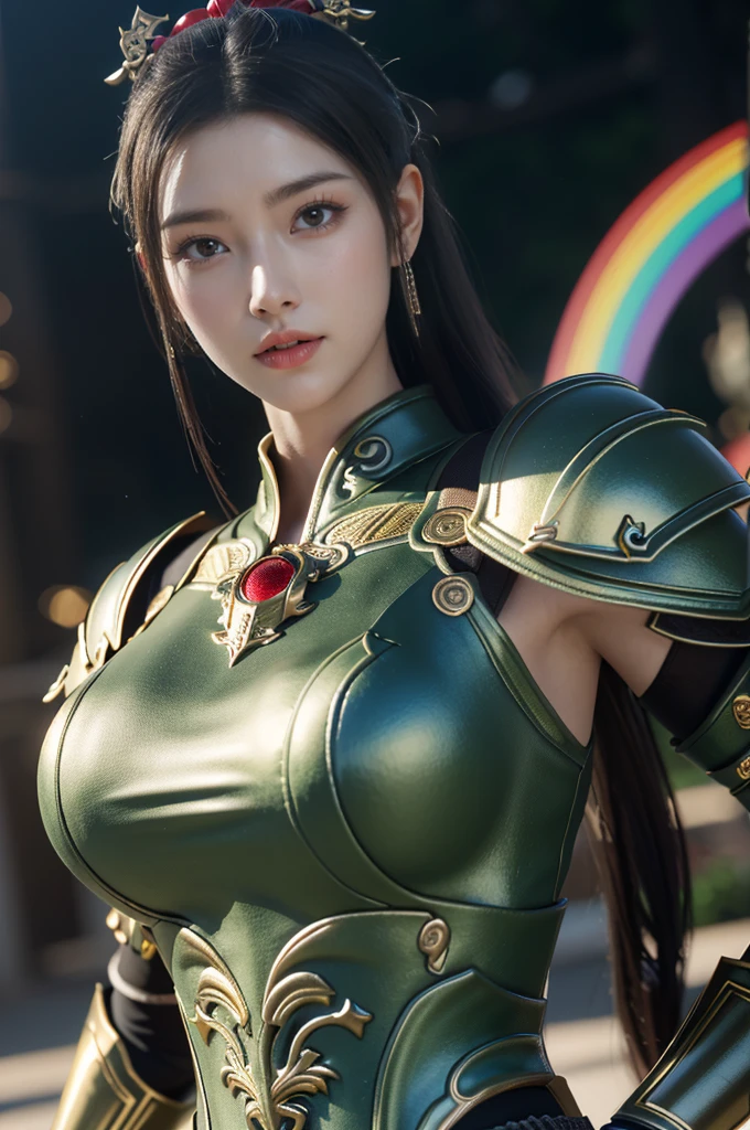 Game art,The best picture quality,Highest resolution,8K,((A bust photograph)),((Portrait)),((Head close-up)),(Rule of thirds),Unreal Engine 5 rendering works, (The Girl of the Future),(Female Warrior), 22 year old girl,(Female hackers),(Rainbow hair,Ancient Oriental hairstyle),((The pupils of the red eyes:1.3)),(A beautiful eye full of detail),(Big breasts),(Eye shadow),Elegant and charming,indifferent,((Anger)),(General armor in ancient Chinese style,Joint Armor,There are exquisite Chinese patterns on the clothes,A flash of jewellery),figure,fantasy style, photo poses,city background,Movie lights,Ray tracing,Game CG,((3D Unreal Engine)),OC rendering reflection pattern