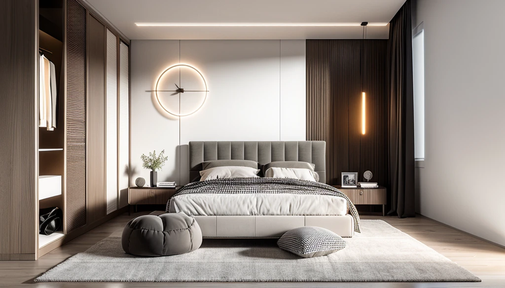 Lao Chen, Interior Design, bed room, Light Color, (grossy wooden floor), (curtain light), (light obscured by translucent curtains), (sofft warm led light), (circle spotlight), (indoor), (woodrn door), (tone white color), {bright sunlight|midday}, {Best Quality|Masterpiece|best illustration|Photorealism archdaily|award winning design|photorealistic|extreme detail|Stunning|photographic render|High-fidelity|vray render|Eye-catching|Sharp edge render}, ((masterpiece)), ((best quality:1.4)),(ultra-high resolution:1.2),(realistic:1.4),(8k:1.2)