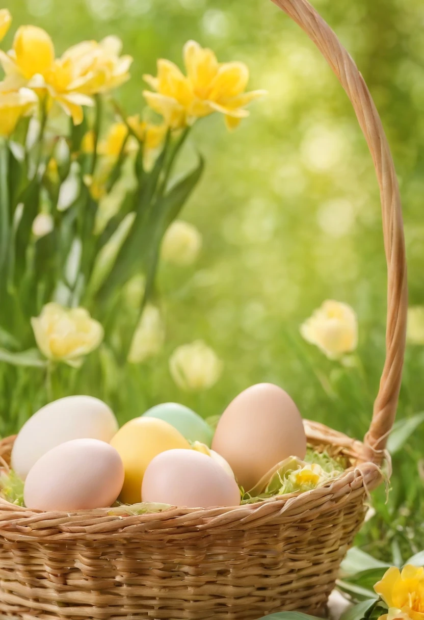 Imagine a charming and colorful Easter scene, a beautiful family with their children holding a basket full of decorated eggs. Ao redor, there are flowers in soft and bright tones, criando um ambiente alegre e festivo. The sky is painted in pastel colors, com nuvens fofas e um sol radiante, iluminando toda a cena. The predominant colors are green, o rosa e o amarelo, conveying the joy and renewal of the Easter season