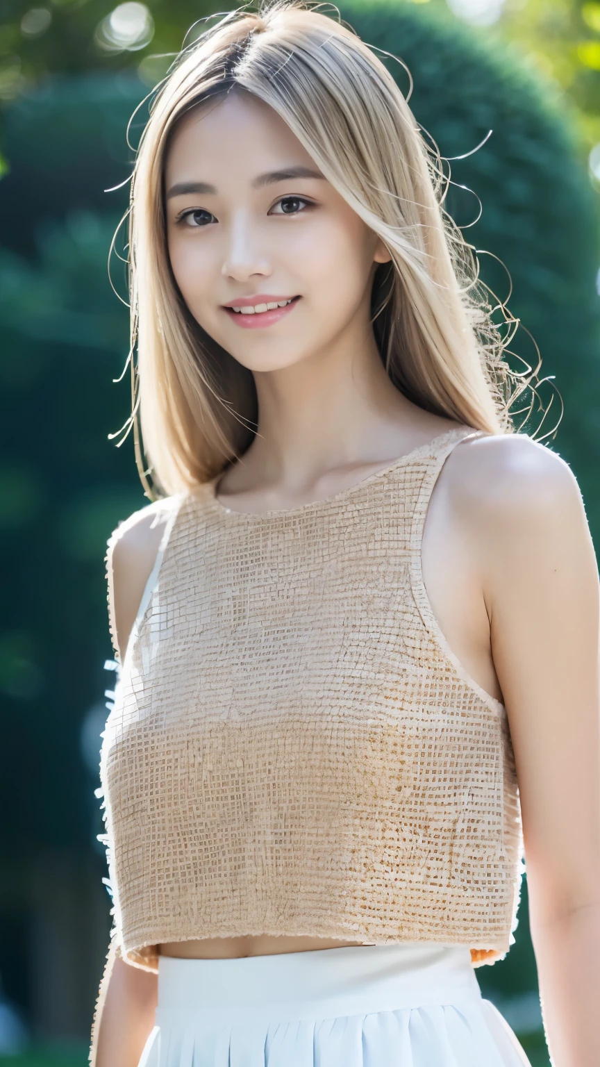japanese girl、spring、garden、(（best quality，master piece，超A high resolution）)，（Realistic：1.4），1 girl，from head to knees，dynamic posture，adult face，slim，Slender、(smile)，（shiny skin），（overview，frontage，twilight），white hair，white long hair，iridescent eyes，big bust，Top Fashion，mini skirt)，(clear eyes)，(clean nose)，(Clear lips)，(Fair skin)，(Ultra realistic textile texture)