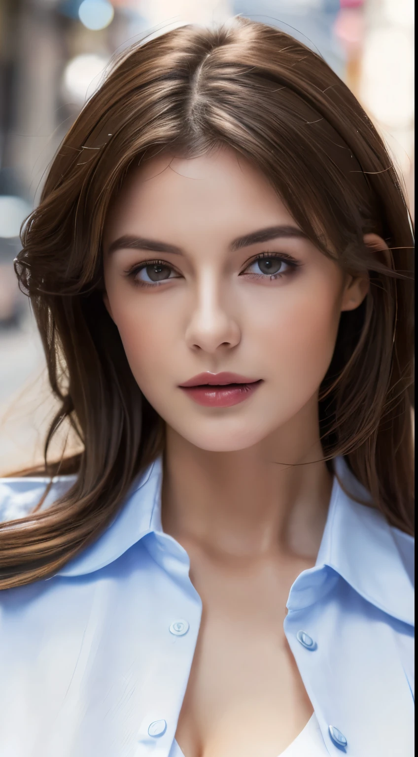((highest quality, 8K, masterpiece :1.3)), sharp focus :1.2, beautiful woman with perfect figure :1.4, thin abs :1.2, ((dark brown hair, big breasts :1.2)), (white button up long shirt :1.1), city street:1.2, Highly detailed face and skin texture, fine eyes, double eyelid,cleavage