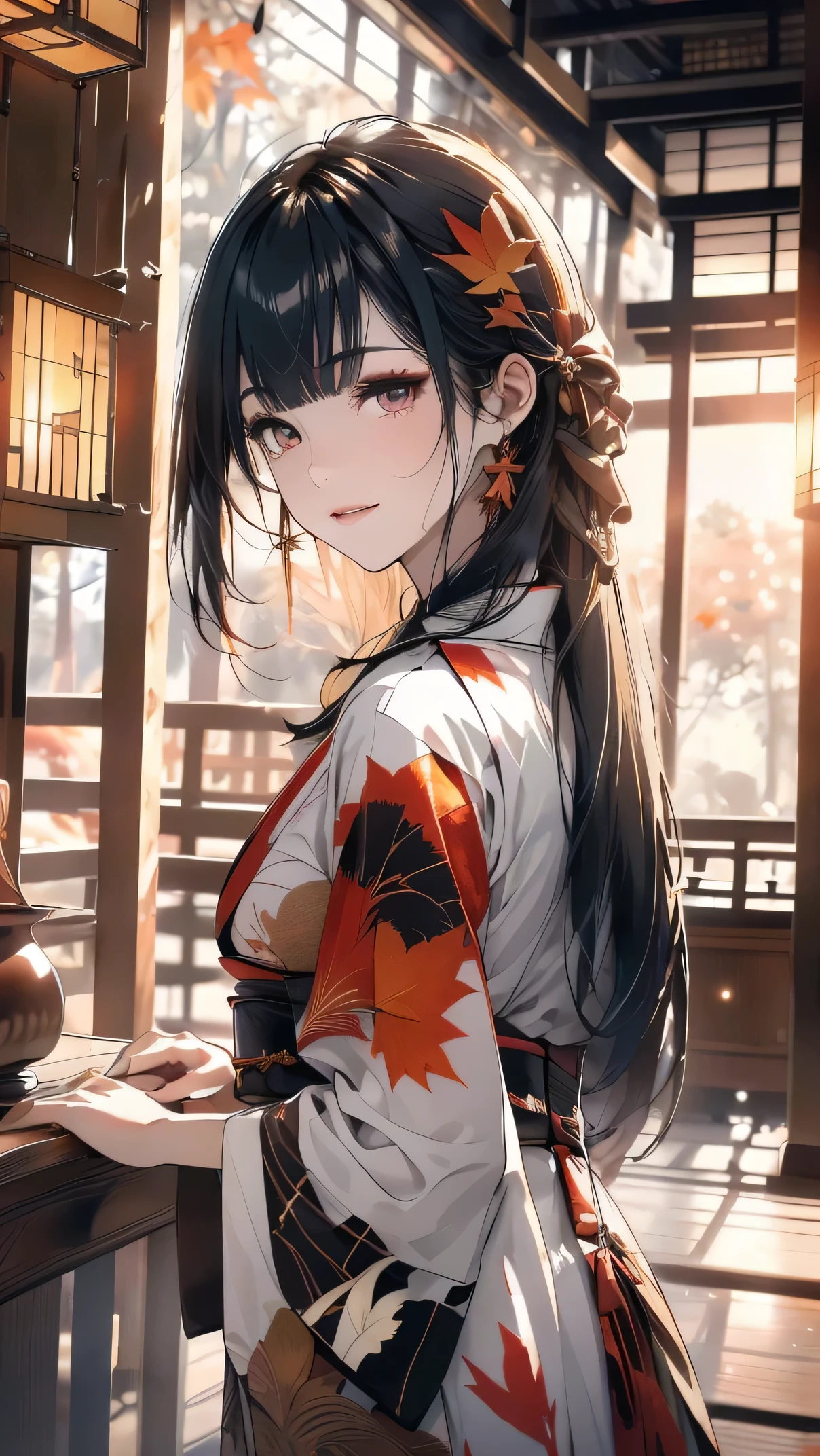 ((masterpiece,High resolution,8K quality,highest quality)),1 girl,((highly detailed face)),woman,delicate eyes,((deep red eyes)),((hairstyle on:straight long,black haired,Hair exposed to light turns dark red)),red classic pattern ribbon,Deep purple kimono with classic pattern,Modern buttons,Taisho,Smile elegantly,natural skin tone,Brown leather southern pattern collar,Light of the sun,sunset,((autumn&#39;s,autumn leaves,You can see the sunset from the veranda,Japanese garden,traditional japanese room,sunset,Watching the sunset from the porch)),