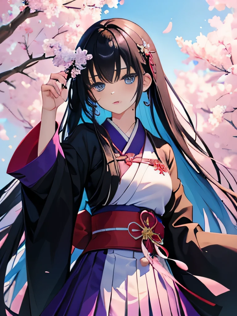 Anime girl ((high quality)), black hair ((high quality)), long hair ((high quality)), blue eyes ((high quality)), background with a purple cherry tree ((high quality)), green grasses with purple flowers ((high quality)), neutral expression ((high quality)), Japanese skirt ((high quality)), samurai clothing ((high quality)), black clothes ((high quality)), bow in hair ((high quality)).