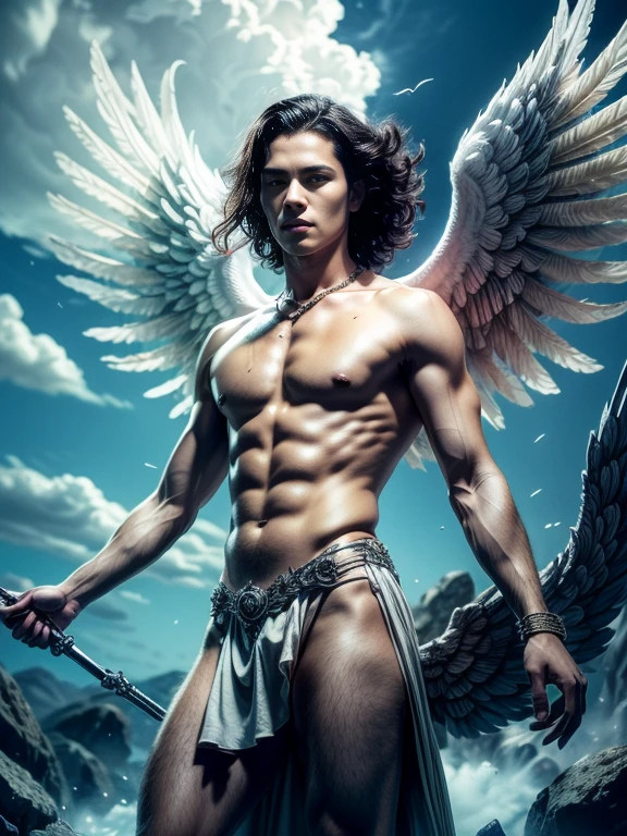-((Masterpiece)),((best quality)),8k, Highly detailed, very detailed, Pose in style, Real skin texture, dark movie light, Italian model, 21 years old., bare chested, shirtless, Handsome Italian young man, Looks cute, Look sacred, Powerful green eyes, Hermes, messenger of god, Venus D, godly, Pale white skin, Roman god physics, (short hairสีแดง:1.5), dry red hair, short hair, red messy hair, strong jaw, Be a man, stalwart, Defined fit body, The chest is hairless., shirtless, no pants, Terrifying Aesthetics, sky, arm bracelet, (Colossal angel wings :1.4), cloud, epic cloud, (fly in the sky:1.4), fly, (in the middle of the cloud floating:1.5), (float:1.4) Bare legs, bare chest, Barefoot, antique white linen spartan loincloth, Antique white linen draped skirt., Whites:, Gold chains in a Roman gown ,,,, backlight, movie light, depth of field, award winning photos, elegant, Exaggerated, Octane Render, untrue, high definition, 8k resolution, Highly detailed, 8k UHD, professional lighting, Photon mapping, Radiation, Physical rendering,add light,Brighten up