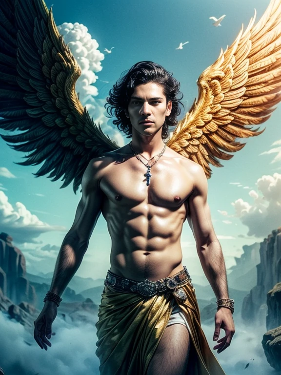 -((Masterpiece)),((best quality)),8k, Highly detailed, very detailed, Pose in style, Real skin texture, dark movie light, Italian model, 21 years old., bare chested, shirtless, Handsome Italian young man, Looks cute, Look sacred, Powerful green eyes, Hermes, messenger of god, Venus D, godly, Pale white skin, Roman god physics, (short hairสีแดง:1.5), dry red hair, short hair, red messy hair, strong jaw, Be a man, stalwart, Defined fit body, The chest is hairless., shirtless, no pants, Terrifying Aesthetics, sky, arm bracelet, (Colossal angel wings :1.4), cloud, epic cloud, (fly in the sky:1.4), fly, (in the middle of the cloud floating:1.5), (float:1.4) Bare legs, bare chest, Barefoot, antique white linen spartan loincloth, Antique white linen draped skirt., Whites:, Gold chains in a Roman gown ,,,, backlight, movie light, depth of field, award winning photos, elegant, Exaggerated, Octane Render, untrue, high definition, 8k resolution, Highly detailed, 8k UHD, professional lighting, Photon mapping, Radiation, Physical rendering,add light,Brighten up