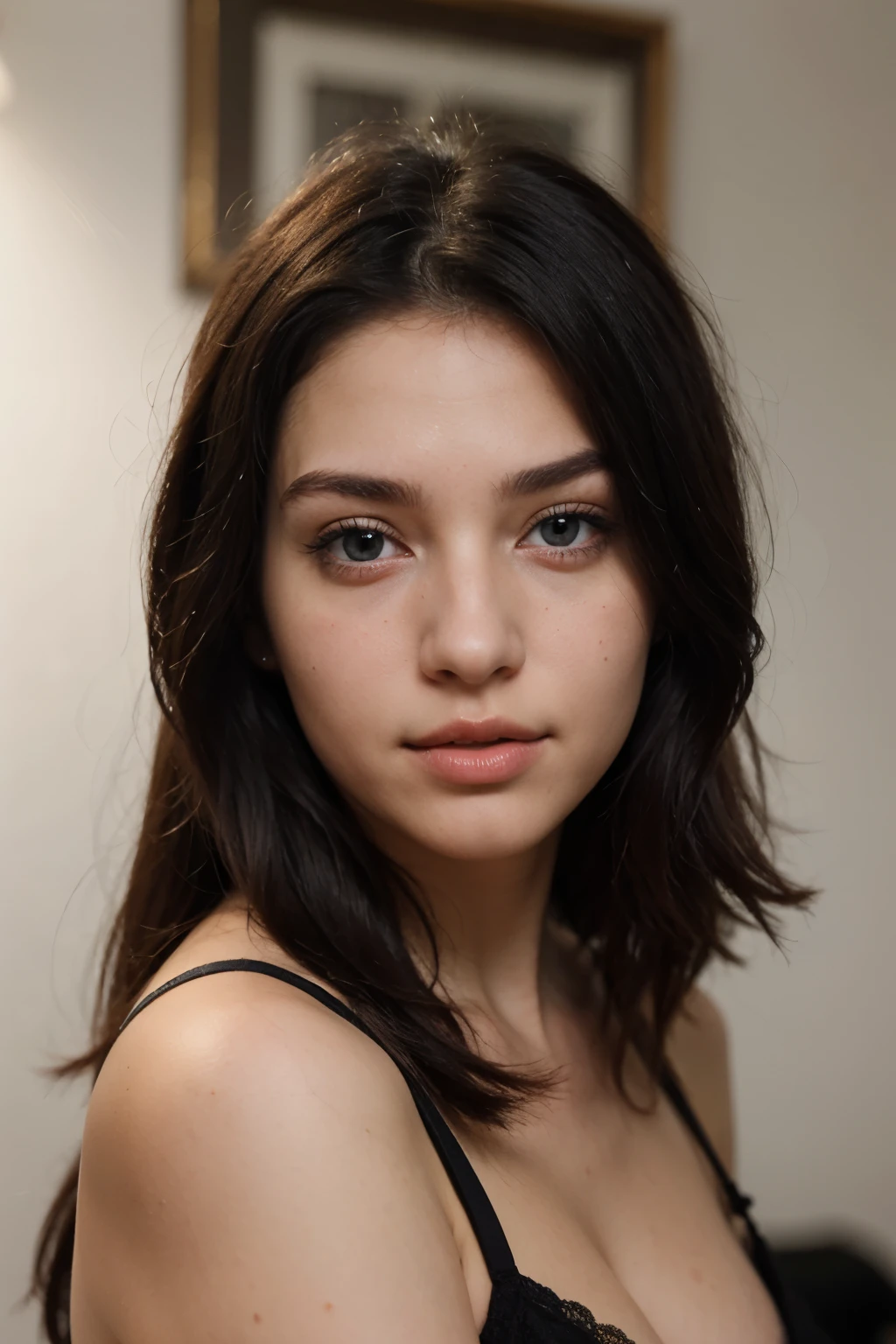 20 year old woman black hair white skin blue eyes beautiful face nose beautiful realistic