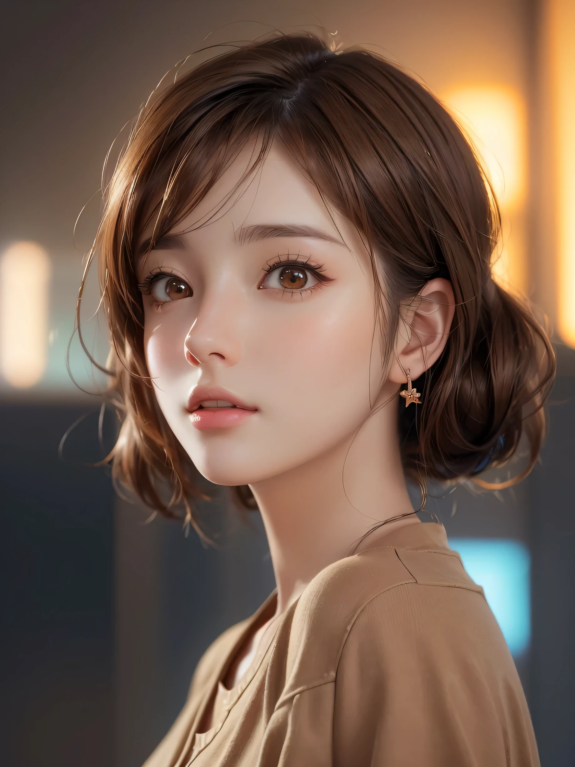 Close up portrait of a woman with brown hair and brown shirt。, cute realistic portrait, Realistic anime 3d style, Photorealistic anime girl rendering, realistic 3d animation, realistic art style, 8K portrait rendering, realistic cute girl drawing, realistic art style, Smooth anime CG art, anime realism style, realistic beautiful face, realistic young anime girl