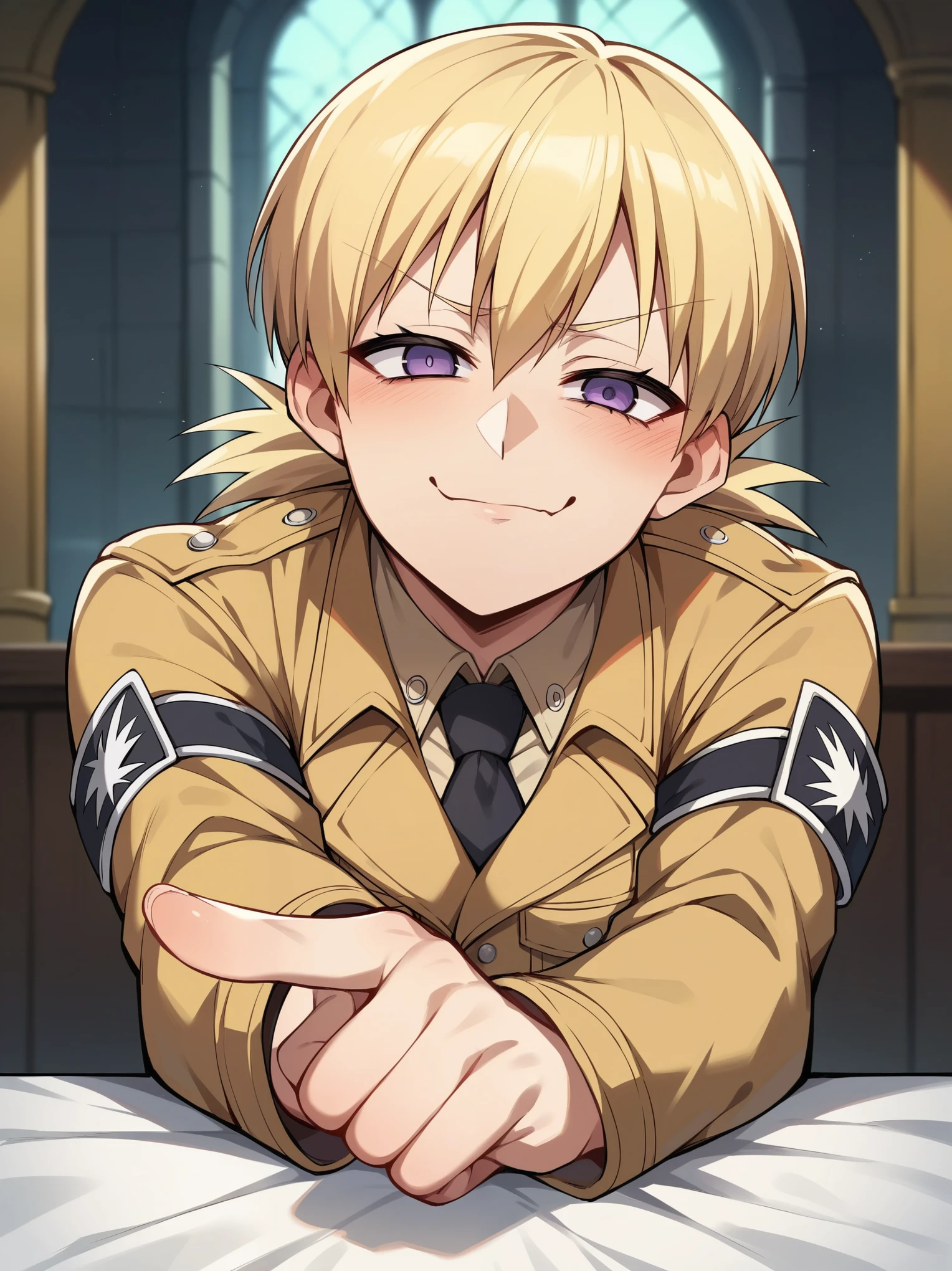 score_9, score_8_up, score_7_up, score_6_up, score_5_up, score_4_up, source_anime, BREAK, seras victoria, hellsing, looking at viewer, pointing at viewer, pointing, holding laugh, giggle,, face closeup, closeup, pointing at viewer, humiliation, blonde hair, dark blonde hair, indoors, castle, purple eyes, shy, smug, closed mouth