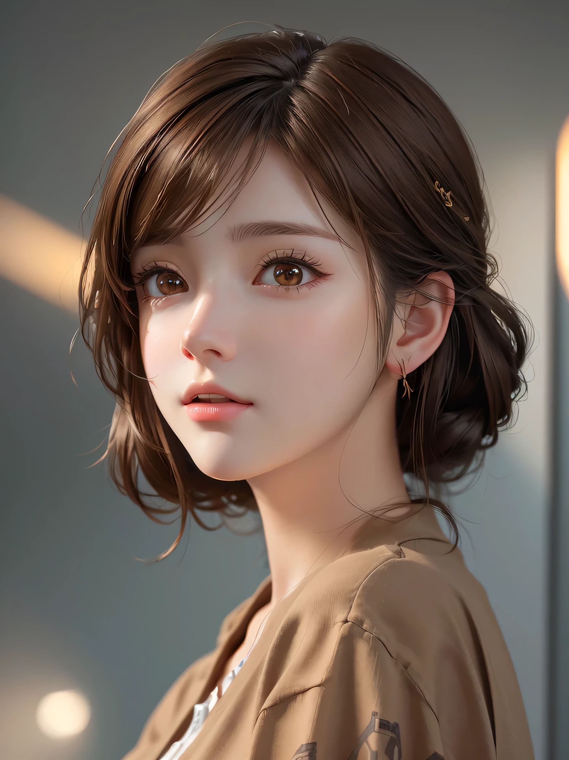 Close up portrait of a woman with brown hair and brown shirt。, cute realistic portrait, Realistic anime 3d style, Photorealistic anime girl rendering, realistic 3d animation, realistic art style, 8K portrait rendering, realistic cute girl drawing, realistic art style, Smooth anime CG art, anime realism style, realistic beautiful face, realistic young anime girl