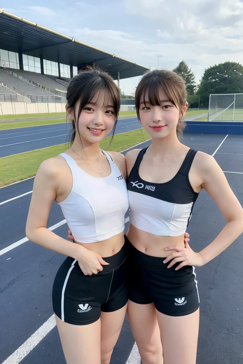 two girls at the track and field,wearing a track and field uniform、sports bra、beautiful butt、bloomers、Plump round butt,compression shorts,18-year-old,bangs,a little smile,thighs,knees,short cut hair,low ponytail,from below,front light、big breastoriman