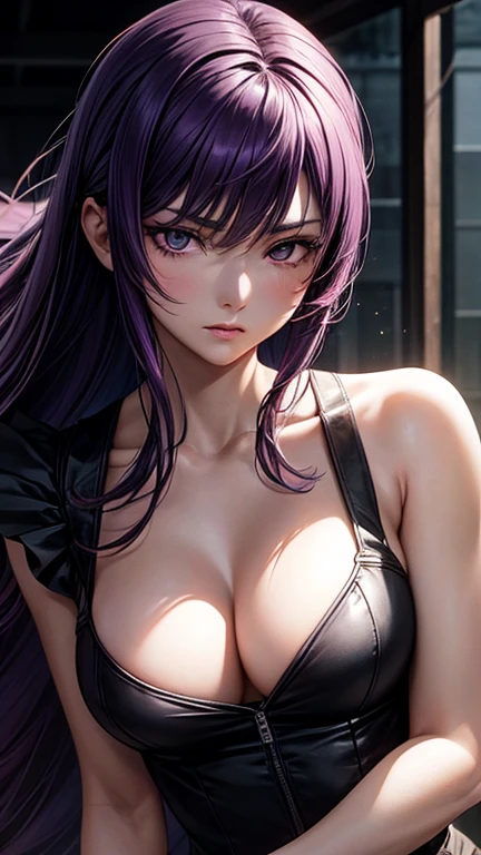 Saeko Busujima with detailed eyes and lips, flowing purple hair, perfect face, epic scene, fierce expression, Long purple hair, slender figure, standing in a deserted school corridor, surrounded by a dark and mysterious atmosphere. She is holding a blood-stained katana with a menacing presence. The lighting is dramatic, creating strong shadows and highlighting her dangerous allure. The color tone is dark with hints of red, creating a sense of danger and intensity. The artwork is rendered in a realistic style, with intricate details and textures, capturing the essence of Saeko's character. The image is highly detailed, showcasing the delicate folds of her uniform, the shine of her weapon, and the intensity in her eyes. The overall composition exudes a sense of power and sensuality, capturing the beauty and strength of Saeko Busujima in this school girl outfit.