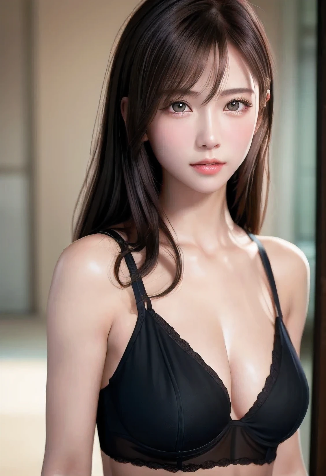 8K, top quality, table top:1.2), (realistic, Photoreal:1.37), top quality, table top, beautiful young woman, pensive expression, attractive appearance, sexy lingerie、tie hair back, movie background, bright skin tone、expression of temptation、wearing glasses