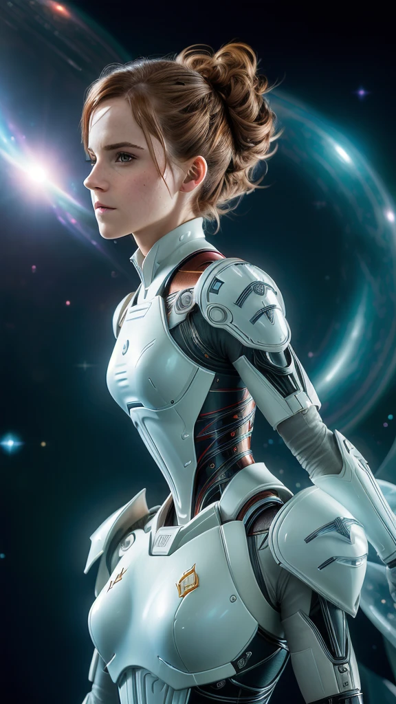 (realisti:1.5), (photo-realistic:1.2), Detailed, Rendering, Epic, biomechanical Emma Watson, cosplay on Nebula, shelmet, white plastic, Ambient lighting, dynamic pose, intricated, elegant, (Dynamic background), Detailed, elegant, Sharp focus, photo by Greg Rutkowski, soft-lighting, bright colors, IvoryGoldAI (Battlefieldds:1.2)