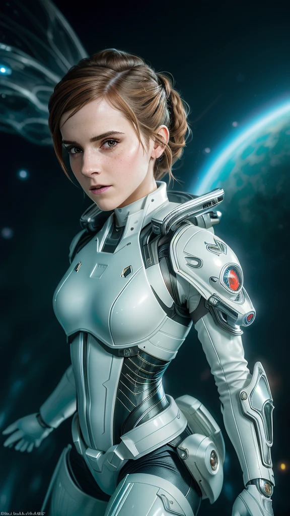 (realisti:1.5), (photo-realistic:1.2), Detailed, Rendering, Epic, biomechanical Emma Watson, cosplay on Nebula, shelmet, white plastic, Ambient lighting, dynamic pose, intricated, elegant, (Dynamic background), Detailed, elegant, Sharp focus, photo by Greg Rutkowski, soft-lighting, bright colors, IvoryGoldAI (Battlefieldds:1.2)