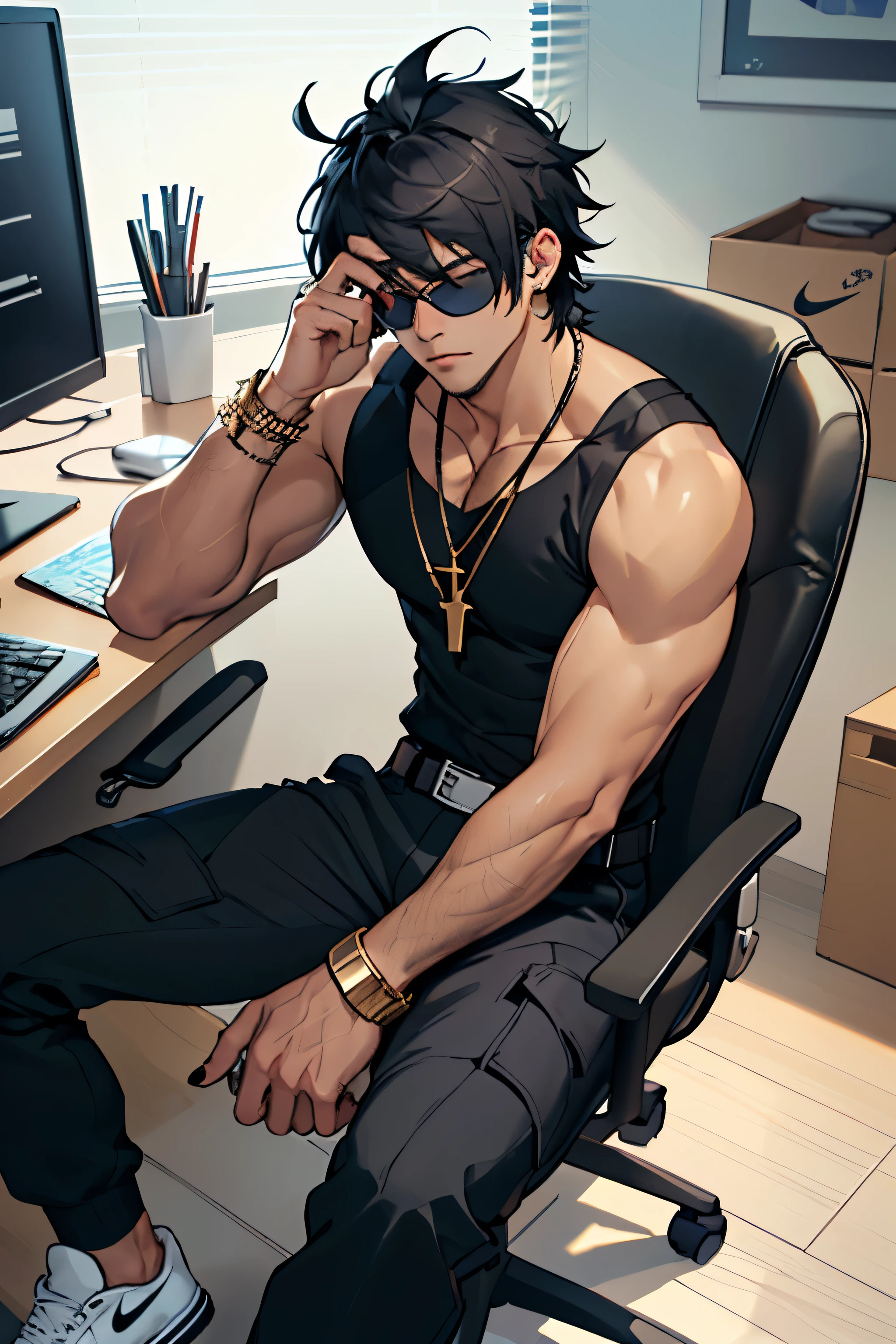 ((8k)), ((Man with messy anime hair with bangs covering his eyes with muscular body wearing black spikey headphones, black rectangular shades, black tank top tucked in, black spikey bracelet, black aesthetic leather belt,aesthetic long black cargo pants and black Nike sneakers sitting on a office chair looking at the camera showing off his fingers with black aesthetic nails, golden cross necklace)), (man perfect handsome face), perfect face