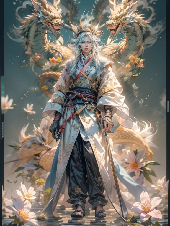 （blind box toy style：1.2），（full body photo），1 handsome young man，Japanese people&#39;The face is precise and perfect..，The body has a golden ratio..，body limb mechanicade from shiny silver translucent glass and titanium..， Delicate lace dress, fun expression, bright colors, peach blossom background,peach blossom petals falling, bright sunlight,A delicate flower crown on the head：1.2，blue eyes：1.2，(Behind him is a transparent Chinese dragon..)，future technology，oriental elements，Dream Light，（world class lighting，Ray traching，HDR，unrealistic rendering，Rational design，Highly detailed，Masterpiece，best quality，Hyper HD，movie light),full body image,Full screen image