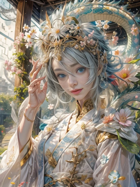(blind box toy style:1.2),(full body photo),1 handsome young man,Japanese people'The face is precise and perfect..,The body has a golden ratio..,body limb mechanicade from shiny silver translucent glass and titanium.., Delicate lace dress, fun expression, bright colors, peach blossom background,peach blossom petals falling, bright sunlight,A delicate flower crown on the head:1.2,blue eyes:1.2,(Behind him is a transparent Chinese dragon..),future technology,oriental elements,Dream Light,(world class lighting,Ray traching,HDR,unrealistic rendering,Rational design,Highly detailed,Masterpiece,best quality,Hyper HD,movie light),full body image,Full screen image
