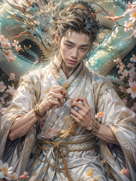 （blind box toy style：1.2），（full body photo），1 handsome young man，Japanese people&#39;The face is precise and perfect..，The body has a golden ratio..，body limb mechanicade from shiny silver translucent glass and titanium..， Delicate lace dress, fun expression, bright colors, peach blossom background,peach blossom petals falling, bright sunlight,A delicate flower crown on the head：1.2，blue eyes：1.2，(Behind him is a transparent Chinese dragon..)，future technology，oriental elements，Dream Light，（world class lighting，Ray traching，HDR，unrealistic rendering，Rational design，Highly detailed，Masterpiece，best quality，Hyper HD，movie light),full body image,Full screen image