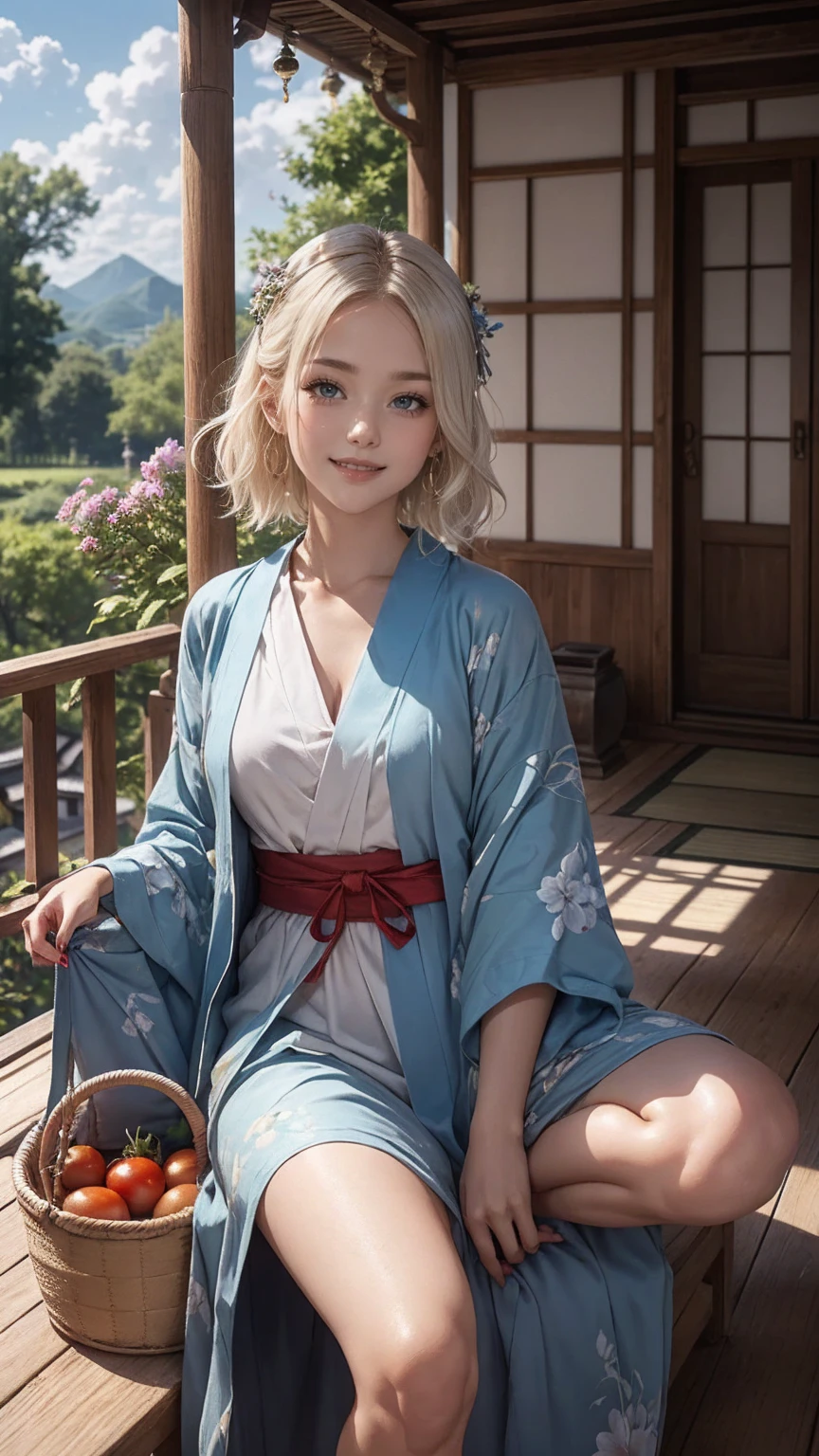 ((最high quality, 8K, masterpiece: 1.3, Ultra HD, high quality, 最high quality, High resolution, realism)) 、A 22-year-old extremely beautiful white woman、Her hair color is platinum blonde、blue eyeedium hair、straight hair、The hair is shiny、The skin is lustrous、smile、Slender but well-proportioned muscular body、Athlete-like body type、I don't want my head to disappear from the screen.、Wearing accessories on your wrist、Wearing red nail polish、I have a peticure、Sitting on the veranda of a Japanese house in the Japanese countryside、It's summer、A wind chime is hung in front of the eaves.、barefoot、There is a basket full of tomatoes and carrots on the veranda.、The basket is made of woven bamboo strips、A courtyard spreads out in front of the verandah.、There is a well with a hand pump in the courtyard.、wear a yukata、The blue sky is beautiful、Cumulus clouds appear、summer sunshine、anatomically correct((anatomically correct))、Ultra high definition((UHD))、textured skin((textured skin))、very detailed((super detail))、high detail((high details))、smile showing teeth((grin))