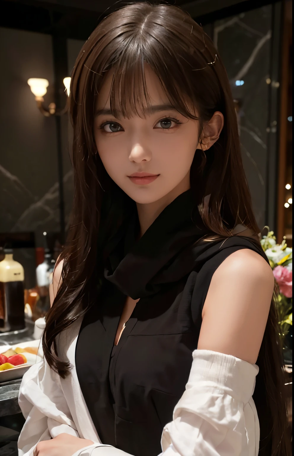 (surreal), (figure), (High resolution), (8K), (very detailed), (Best figure), (beautiful and detailed eyes), (highest quality), (super detailed), (masterpiece), (wallpaper), (detailed face), alone, one girl, viewer, small details, detailed face, dark bar counter, in the dark, deep shadow, discreet key, Pure erotic face ace_V1, smile, long hair, dark blonde shawl straight hair, bangs