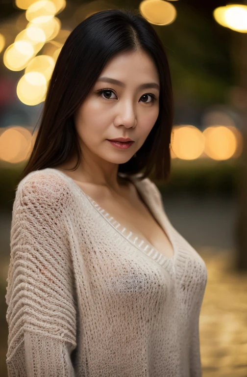 Portrait of a middle-aged Taiwanese woman, 40 years old, cute face, Slim, Tortitz, (big sagging:1.1), huge nipples, wear (Sexy sweater:1.2), Bokeh background, Simple background, (highly refined skin:1.0), (masterpiece:1.2) (lifelike:1.2) (Bokeh) (best quality) (intricate details) (8K) (high dynamic range) (analog film) (canon d5) (movie lighting) (sharp focus),