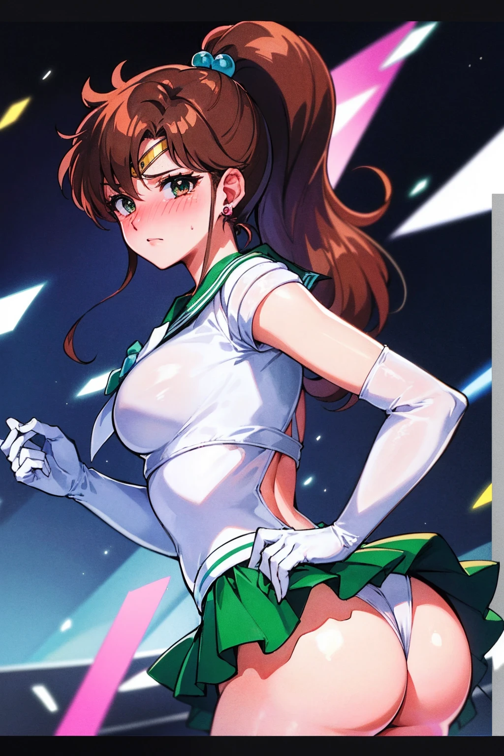 best quality, ultra-detailed, high resolution, 4k,(1990s \(style\),retro artstyle,1990s anime cels style, anime screencap,vivid colors), night, sailor jupiter, sailor senshi uniform, from behind, ass, leotard, green sailor color, white gloves, pink ribbon, ponytail, medium breasts, (clothed:1.3), jewelry, earring, (vulgarity:1.4), (nose blush:1.2),
