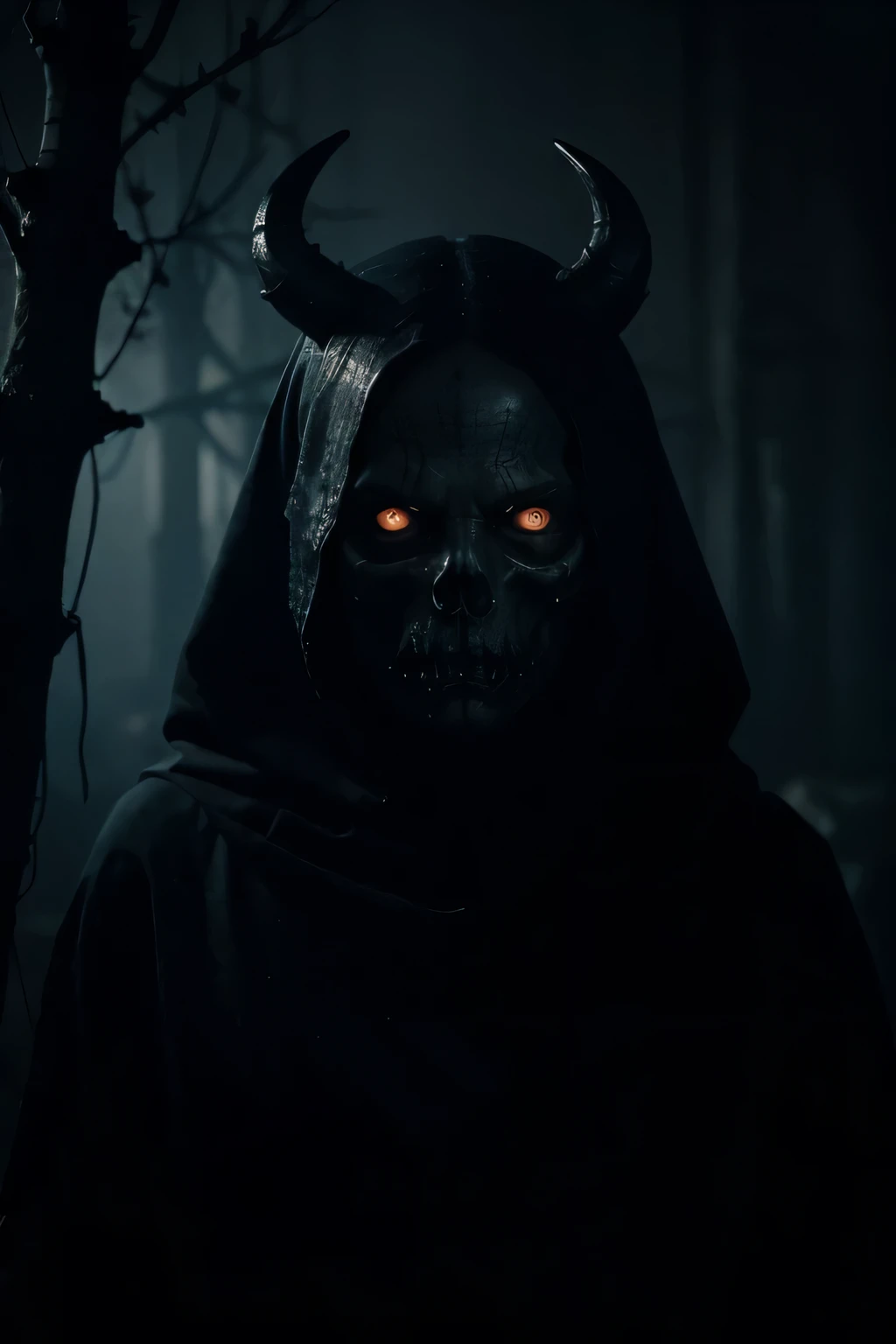 Here is the cinematic image of Satan., portrayed as a sad and grotesque figure. The scene captures his sadness and deformity., Creating a dark atmosphere that reflects his fallen nature..