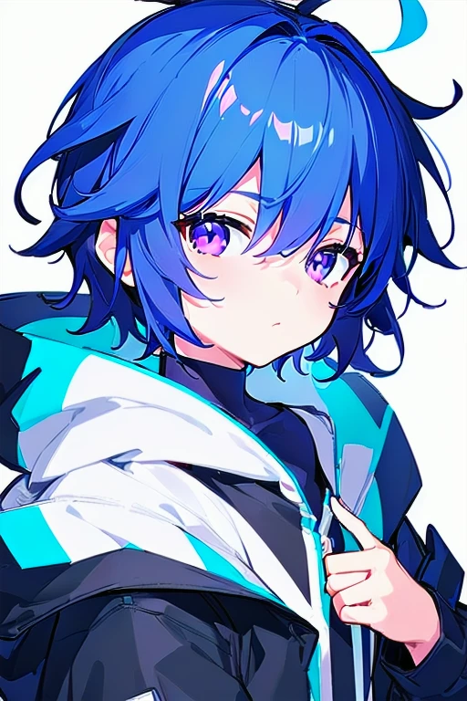 [(WHITE BACKGROUND:1.5),::5], ((((masterpiece)))), high quality, ultra_very_high_resolution, large_filesize, full color, (((solo))), (()), ((deepblue color short hair)), purple eyes, anime, (upper body), neon light, black parka,