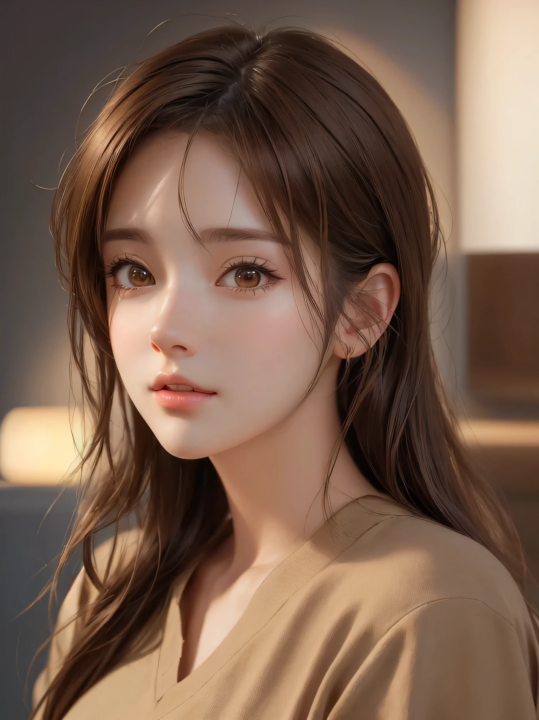 Close up portrait of a woman with brown hair and brown shirt。, cute realistic portrait, Realistic anime 3d style, Photorealistic anime girl rendering, realistic 3d animation, realistic art style, 8K portrait rendering, realistic cute girl drawing, realistic art style, Smooth anime CG art, anime realism style, realistic beautiful face, realistic young anime girl