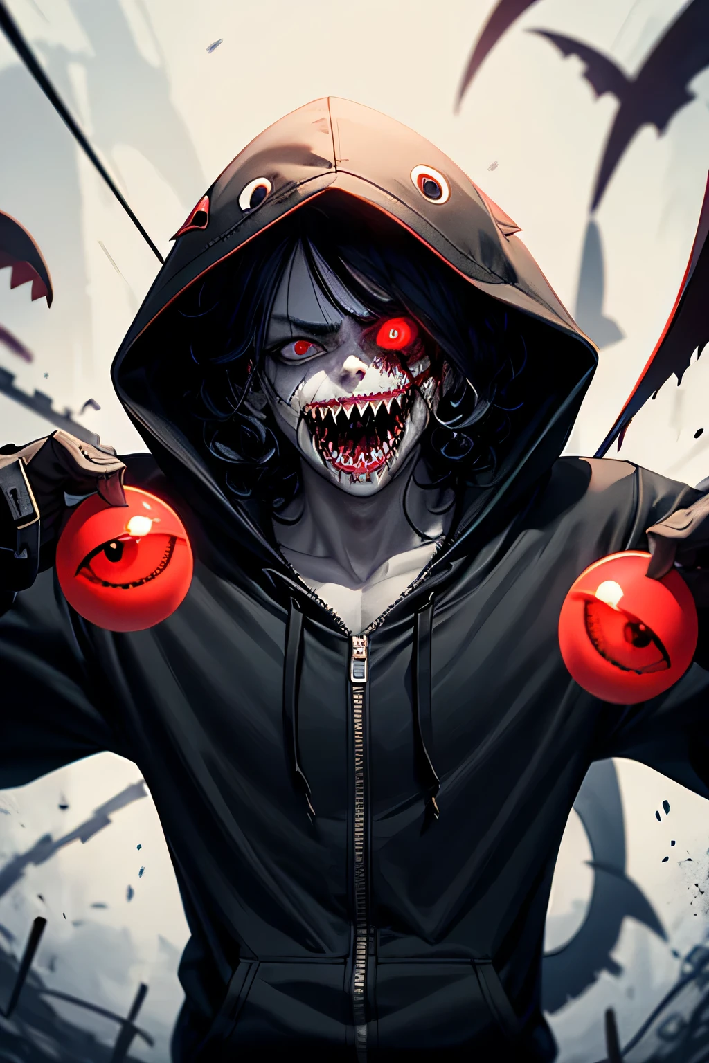 Solo. Creepy, terrifying muscular guy with short messy curly black hair, crazy red eyes, metal wires joining his seperated upper jaw and lower jaw, Jeff the killer's mouth, sharp shark-like teeth for teeth, pale white skin and red eyes on his arms and body and mouths with shark teeth on his body, wearing a fit plain black hoodie and black tracksuits, eating a liver, in a black background. Cannibalistic. Floating red eyeballs. Horror